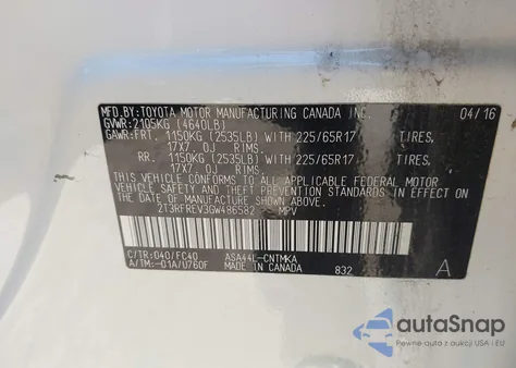 2016 Toyota Rav4 Xle z USA, uszkodzony, nr VIN 2T3RFREV3GW486582